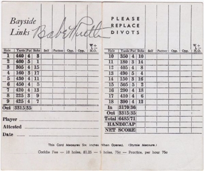 Babe Ruth Signed Bayside Links Golf Scorecard